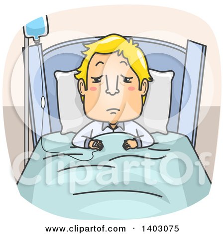 Clipart of a Cartoon Sick Blond White Man in a Hospital Bed, on Iv Therapy - Royalty Free Vector Illustration by BNP Design Studio