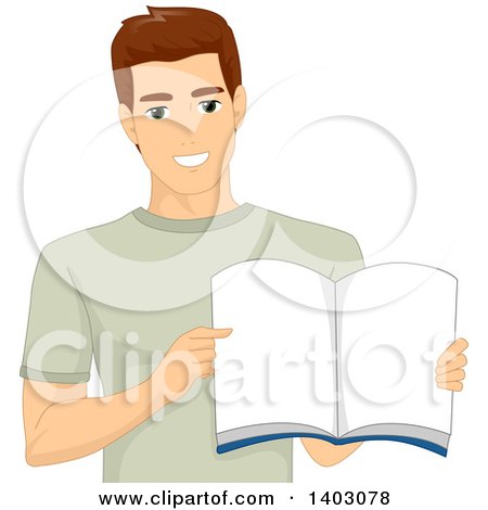 Clipart of a Happy Brunette White Man Holding Open a Book - Royalty Free Vector Illustration by BNP Design Studio