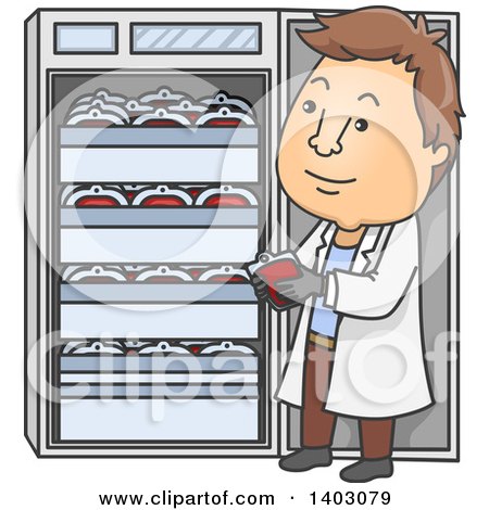 Clipart of a Cartoon Brunette White Male Doctor Checking on Blood Bag Supplies - Royalty Free Vector Illustration by BNP Design Studio