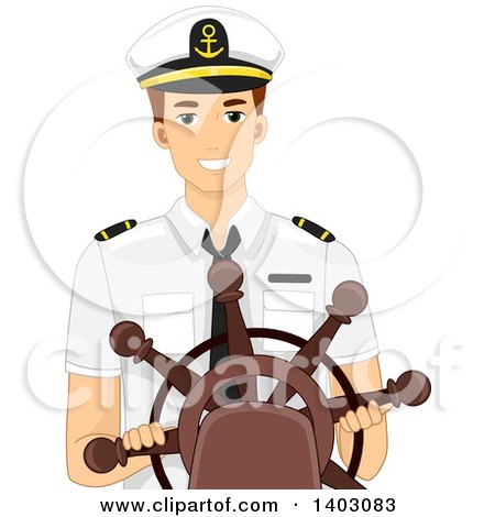 Clipart of a Brunette Caucasian Captain Steering a Ship - Royalty Free Vector Illustration by BNP Design Studio