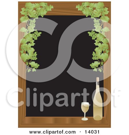 Full Glass Of White Wine Sitting On A Wooden Window Sill Framed By Green Grapes Over a Black Background Clipart Illustration by Rasmussen Images