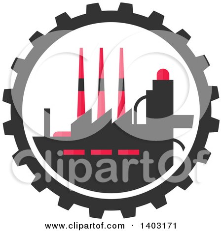 Clipart of a Flat Design Factory Complex in a Gear Cog Wheel - Royalty Free Vector Illustration by Vector Tradition SM