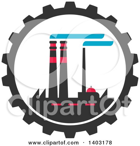 Clipart of a Flat Design Factory Complex in a Gear Cog Wheel - Royalty Free Vector Illustration by Vector Tradition SM