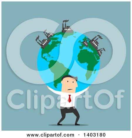 Clipart of a Flat Design White Businessman Carrying Earth with Industrial Factories, on Blue - Royalty Free Vector Illustration by Vector Tradition SM