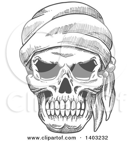 Clipart of a Sketched Grayscale Pirate Skull Wearing a Bandana - Royalty Free Vector Illustration by Vector Tradition SM