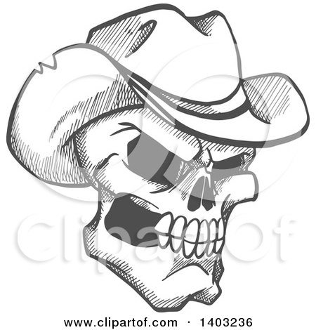 Clipart of a Sketched Gray Human Skull Wearing a Cowboy Hat - Royalty Free Vector Illustration by Vector Tradition SM