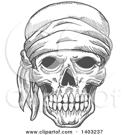 Clipart of a Sketched Gray Human Pirate Skull with a Bandana - Royalty Free Vector Illustration by Vector Tradition SM