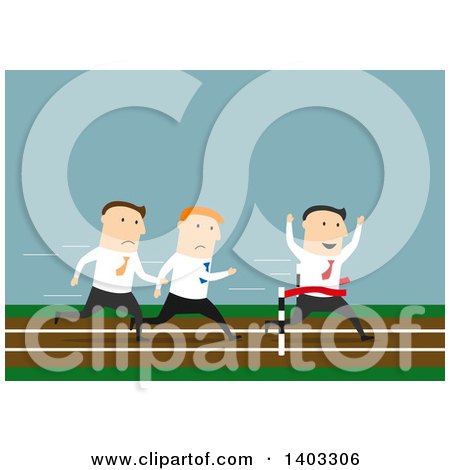 Clipart of a Flat Design White Businessman Winning a Race, on Blue - Royalty Free Vector Illustration by Vector Tradition SM