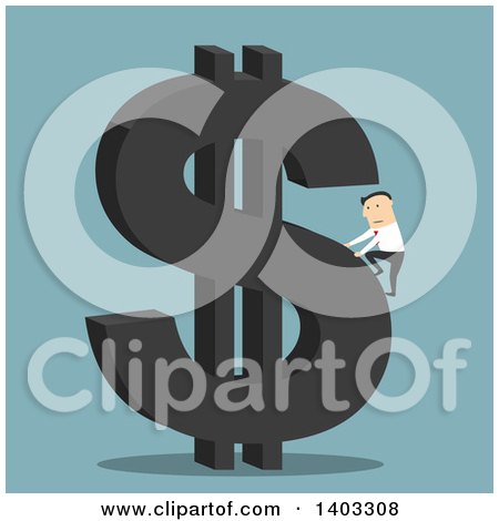 Clipart of a Flat Design White Businessman Climbing a Dollar Currency Symbol, on Blue - Royalty Free Vector Illustration by Vector Tradition SM