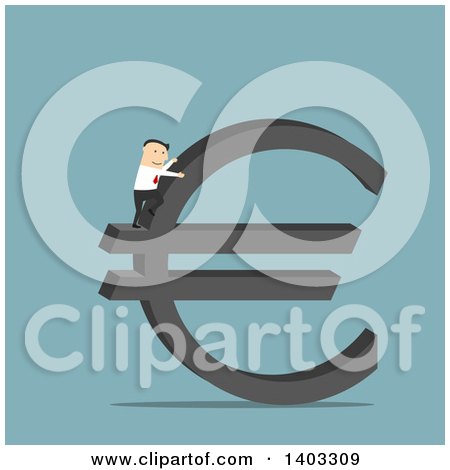 Clipart of a Flat Design White Businessman Climbing a Euro Currency Symbol, on Blue - Royalty Free Vector Illustration by Vector Tradition SM