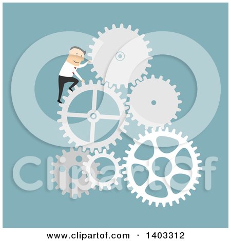 Clipart of a Flat Design White Businessman Climbing Gears, on Blue - Royalty Free Vector Illustration by Vector Tradition SM