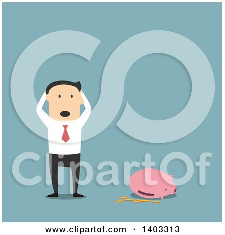 Clipart of a Flat Design White Businessman with a Broken Piggy Bank, on Blue - Royalty Free Vector Illustration by Vector Tradition SM