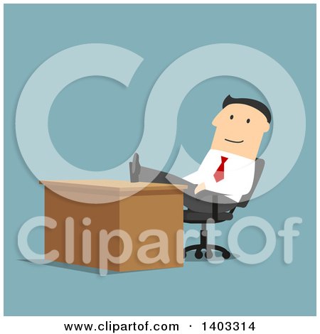 Clipart of a Flat Design White Businessman with His Feet up on His Desk, on Blue - Royalty Free Vector Illustration by Vector Tradition SM
