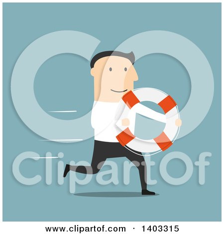Clipart of a Flat Design White Businessman Running with a Life Buoy, on Blue - Royalty Free Vector Illustration by Vector Tradition SM