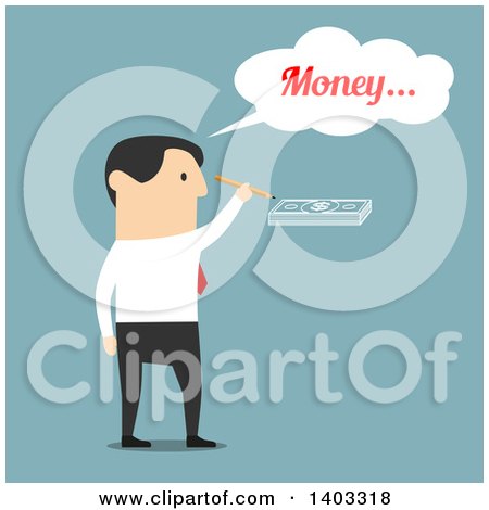 Clipart of a Flat Design White Businessman Drawing Money, on Blue - Royalty Free Vector Illustration by Vector Tradition SM