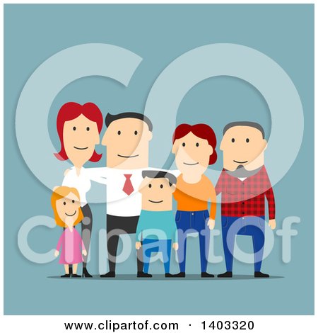 Clipart of a Flat Design White Businessman and His Family, on Blue - Royalty Free Vector Illustration by Vector Tradition SM