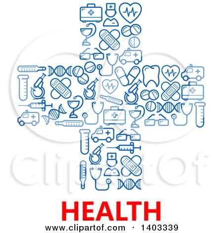 Clipart of a Blue Cross Made of Medical Icons with Text - Royalty Free Vector Illustration by Vector Tradition SM