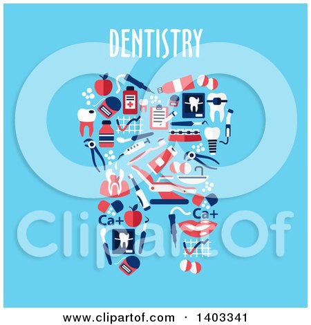 Clipart of a Flat Design Tooth Made of Dental Items on Blue with Text - Royalty Free Vector Illustration by Vector Tradition SM
