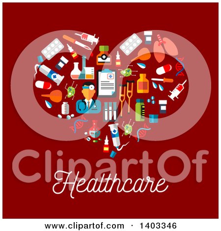 Clipart of a Flat Design Heart of Medical Items with Text on Red - Royalty Free Vector Illustration by Vector Tradition SM