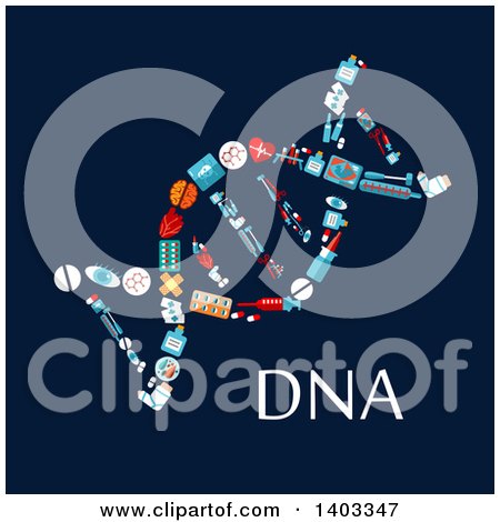 Clipart of a Flat Design Dna Strand Made of Medical Items on Blue - Royalty Free Vector Illustration by Vector Tradition SM
