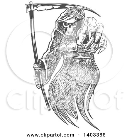 Clipart of a Gray Sketched Grim Reaper Holding a Scythe and Reaching out - Royalty Free Vector Illustration by Vector Tradition SM