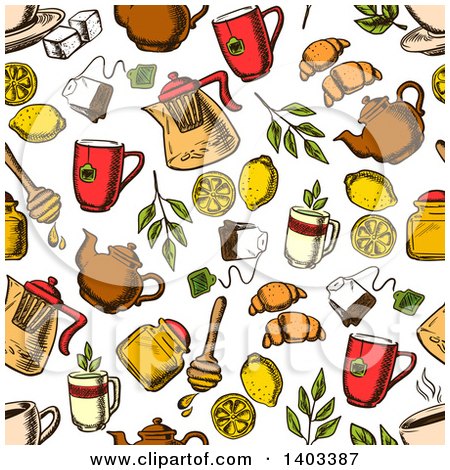 Clipart of a Seamless Background Pattern of Sketched Tea and Snacks - Royalty Free Vector Illustration by Vector Tradition SM
