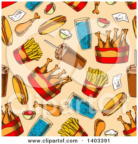 Clipart of a Seamless Background Pattern of Sketched Fast Foods - Royalty Free Vector Illustration by Vector Tradition SM