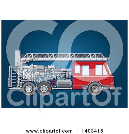 Clipart of a Fire Truck with Visible Mechanical Parts on Blue - Royalty Free Vector Illustration by Vector Tradition SM