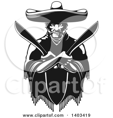 Clipart of a Black and White Mexican Bandit Wearing a Poncho and Sombrero and Holding Machetes in Crossed Arms - Royalty Free Vector Illustration by Vector Tradition SM