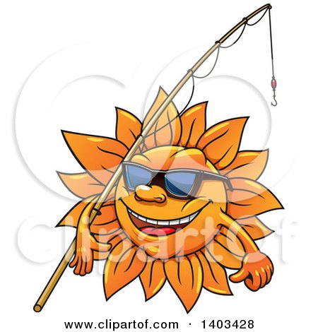 Clipart of a Happy Summer Sun Wearing Sunglasses and Carrying a Fishing Pole - Royalty Free Vector Illustration by Vector Tradition SM