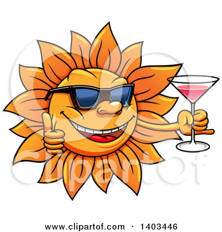 Clipart of a Happy Summer Sun Wearing Sunglasses, Giving a Thumb up and Holding a Cocktail - Royalty Free Vector Illustration by Vector Tradition SM