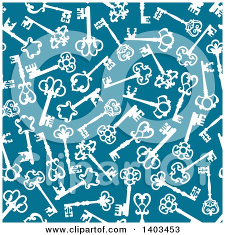 Clipart of a Seamless Background Pattern of Skeleton Keys on Blue - Royalty Free Vector Illustration by Vector Tradition SM