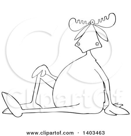 Clipart of a Cartoon Black and White Lineart Moose Sitting on the Ground with One Leg up - Royalty Free Vector Illustration by djart