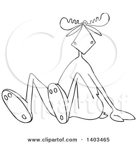 Clipart of a Cartoon Black and White Lineart Moose Sitting on the Ground - Royalty Free Vector Illustration by djart