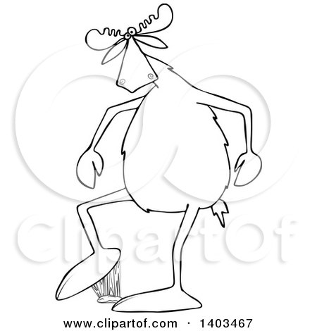 Clipart of a Cartoon Black and White Lineart Moose Stepping in Gum - Royalty Free Vector Illustration by djart