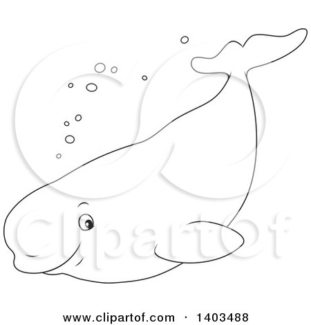 Clipart of a Black and White Lineart Happy Beluga Whale Swimming - Royalty Free Vector Illustration by Alex Bannykh