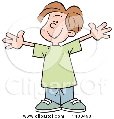 Clipart of a Cartoon Happy Caucasian Boy with Open Arms, This Big - Royalty Free Vector Illustration by Johnny Sajem