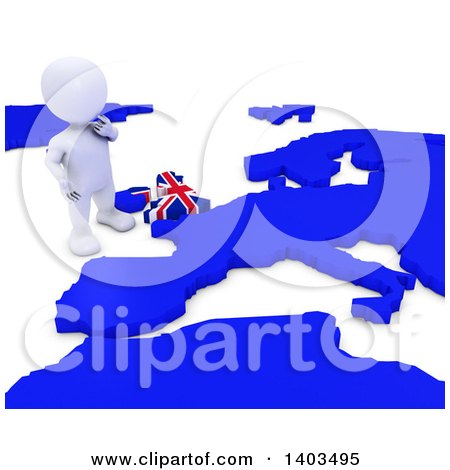 Clipart of a 3d White EU Referendum Man Standing over a Map, on a White Background - Royalty Free Illustration by KJ Pargeter