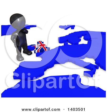 Clipart of a 3d Black EU Referendum Man Standing over a Map, on a White Background - Royalty Free Illustration by KJ Pargeter