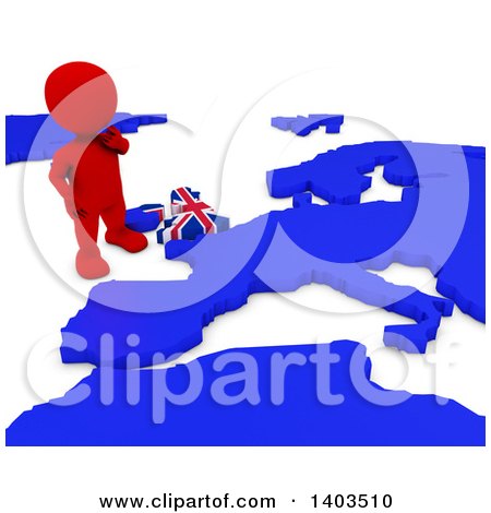 Clipart of a 3d Red EU Referendum Man Standing over a Map, on a White Background - Royalty Free Illustration by KJ Pargeter