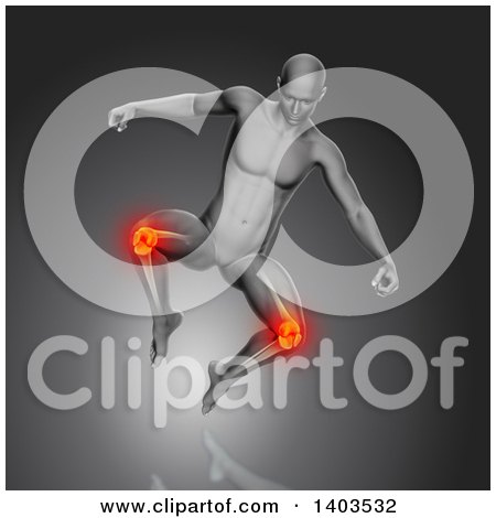 Clipart of a 3d Fit Anatomical Man Jumping, with Visible Leg Bones and Glowing Knees, on Gray - Royalty Free Illustration by KJ Pargeter
