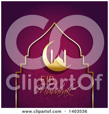Clipart of an Eid Mubarak Background with a Silhouetted Gold Mosque in a Crescent Moon and Text on Purple - Royalty Free Vector Illustration by KJ Pargeter
