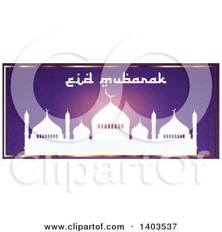 Clipart of an Eid Mubarak Website Banner with a Silhouetted Mosque and Text on Purple - Royalty Free Vector Illustration by KJ Pargeter