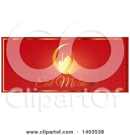 Clipart of an Eid Mubarak Website Banner with a Silhouetted Mosque in a Crescent Moon and Text on Red - Royalty Free Vector Illustration by KJ Pargeter