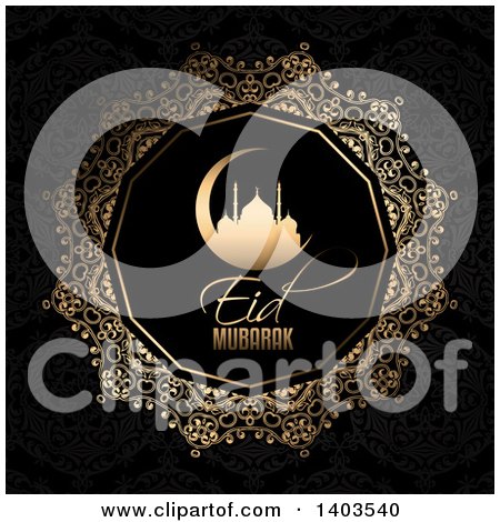 Clipart of an Eid Mubarak Background with a Silhouetted Gold Mosque in a Crescent Moon and Text on Black - Royalty Free Vector Illustration by KJ Pargeter