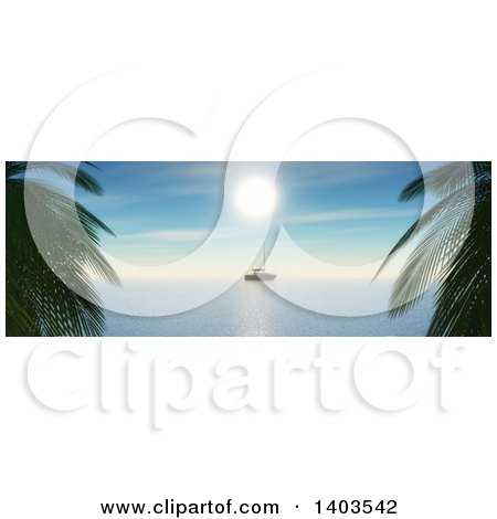 Clipart of a 3d Yacht on the Ocean, Framed by Palms - Royalty Free Illustration by KJ Pargeter