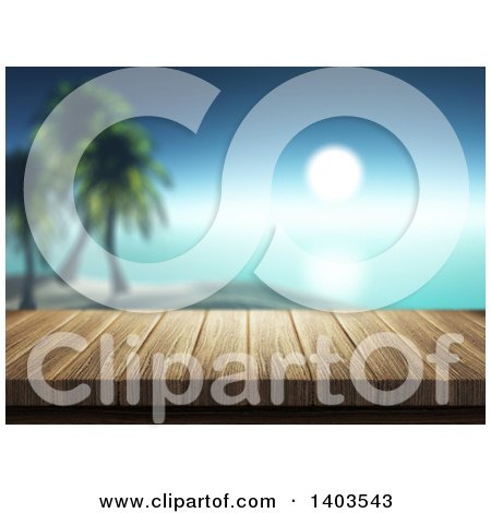 Clipart of a 3d Wood Deck with a View of a Tropical Island Against a Sunset - Royalty Free Illustration by KJ Pargeter
