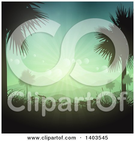 Clipart of Silhouetted Palm Trees Framing a Landscape with Hills, Grasses and Sunset Flares - Royalty Free Vector Illustration by KJ Pargeter