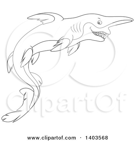 Clipart of a Black and White Lineart Swimming Goblin Sharks - Royalty Free Vector Illustration by Alex Bannykh