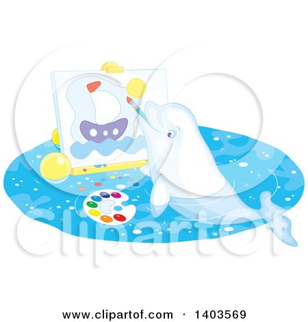 Clipart of a White Beluga Whale Painting a Sailboat on Canvas - Royalty Free Vector Illustration by Alex Bannykh